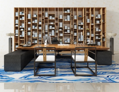  中式办公桌大班台书柜组合3d模型 