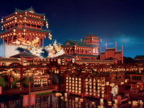 网红打卡国潮古风古镇集市su模型