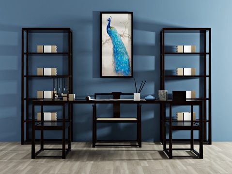  新中式书桌 椅子 书架 书柜 装饰画3d模型 