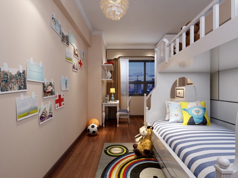  欧式简约儿童房 上下床 衣柜 书桌椅 吊灯 窗帘 地毯3d模型 