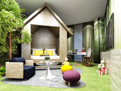  现代儿童房 卧室 双人床 床头柜 床尾凳 沙发 茶几3d模型 