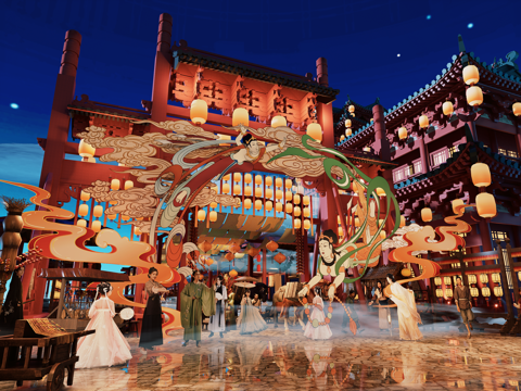 网红打卡国潮古风古镇集市su模型