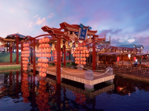 网红打卡国潮古风古镇集市su模型