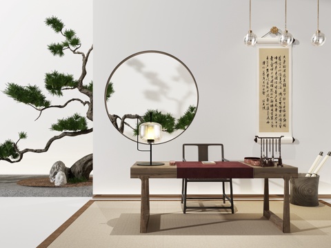  新中式书桌 挂画 松树 单椅3d模型 