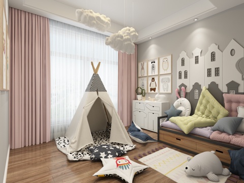  现代儿童娱乐室 沙发  边柜  装饰画 帐篷  玩具3d模型 