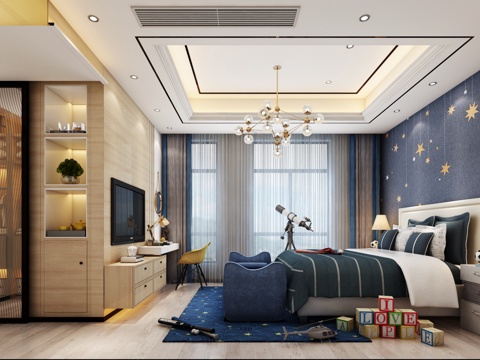  欧式简约儿童房 吊灯 双人床 电视柜 衣柜 书桌椅 望远镜3d模型 