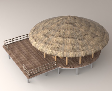  茅草亭 圆形茅草屋 户外休闲亭 木质平台 度假风建筑 原生态3d模型 