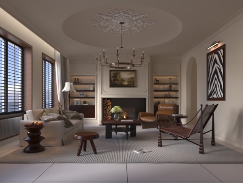  现代客厅 壁炉 沙发茶几组合3d模型 