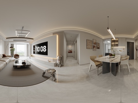  现代客餐厅全景 客厅 餐厅 挂画 吊灯 装饰柜 