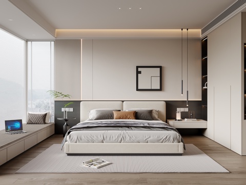 现代简约卧室 布艺双人床 床头柜 吊灯 挂画 衣柜 地毯su模型