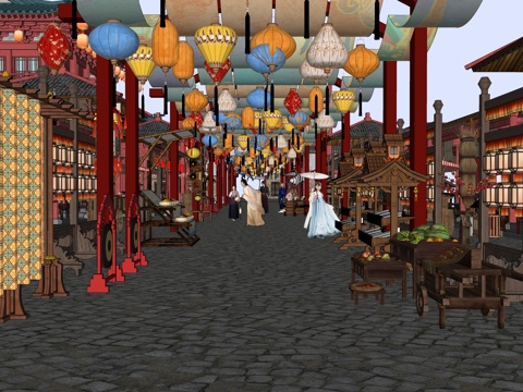 网红打卡国潮古风古镇集市su模型