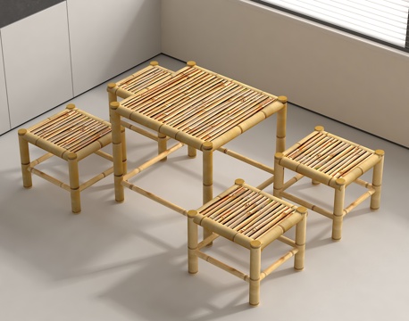  竹制桌椅套装 天然竹家具 侘寂风家具  户外竹桌椅 民宿家具3d模型 