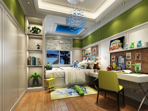  美式儿童房 单人床 柜子 书桌椅 吊灯3d模型 