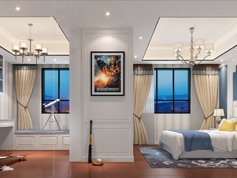  新中式小孩房 单人床 书桌椅 床头柜3d模型 