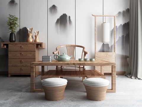  新中式实木泡茶装饰柜桌椅组合3d模型 