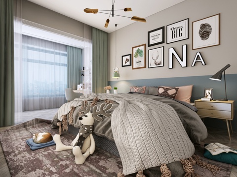  北欧卧室儿童房 双人床 床头柜 电视柜 吊灯3d模型 