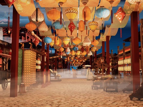 网红打卡国潮古风古镇集市su模型