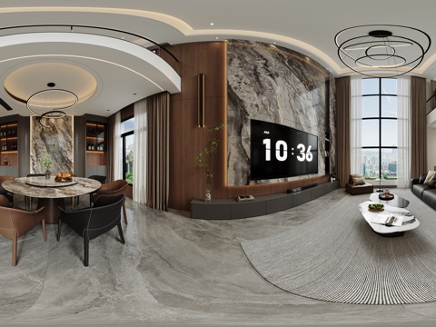  现代客餐厅全景 客厅 餐厅 挂画 吊灯 装饰柜 