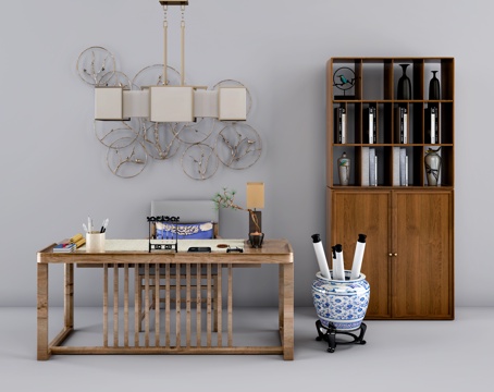  新中式书桌椅书柜3d模型 