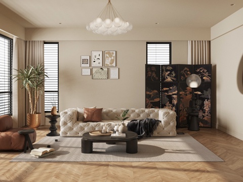  中古风客厅 沙发茶几组合3d模型 