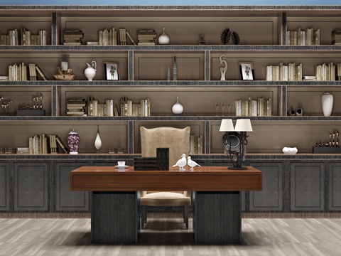  新中式书桌椅 椅子 书柜 书架3d模型 