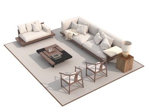  中古风沙发茶几组合3d模型 