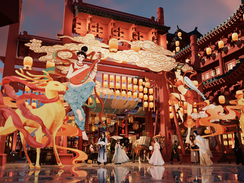 网红打卡国潮古风古镇集市su模型