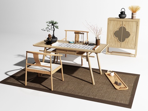  新中式书桌 书桌椅 新中式椅子 装饰柜 新中式盆栽3d模型 