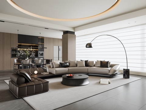 现代意式客餐厅 沙发茶几 餐桌椅 吊灯 餐边柜 酒柜su模型