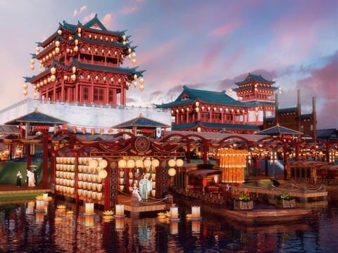 网红打卡国潮古风古镇集市su模型