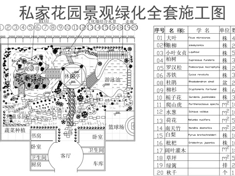 别墅庭院景观平面cad施工图