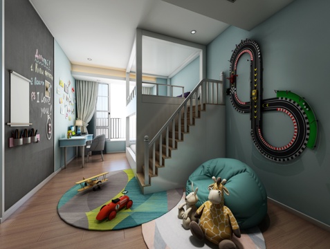  现代儿童房 楼梯床 书桌椅 玩具3d模型 