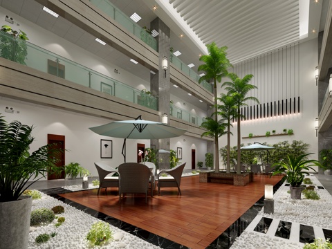  现代办公楼 中庭 户外桌椅 绿植3d模型 