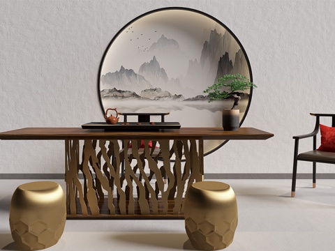  新中式轻奢茶室组合 矮凳 单椅 茶盘3d模型 