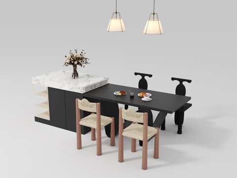  现代复古岛台餐桌椅组合3d模型 