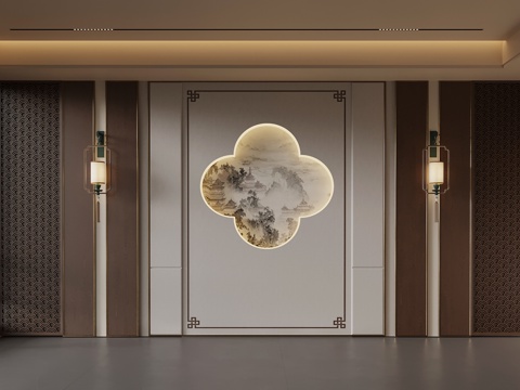 新中式背景墙 客厅背景墙su模型