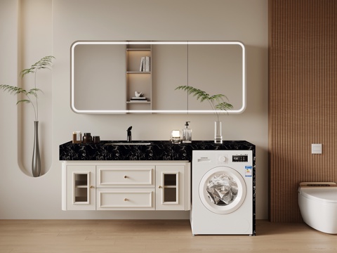 法式奶油风浴室柜 洗衣机柜su模型