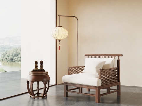  新中式单人沙发 休闲椅 落地灯 边几 饰品摆件3d模型 