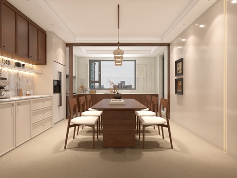  中古风餐厅 开放式厨房 酒柜 餐边柜 中古吊灯3d模型 