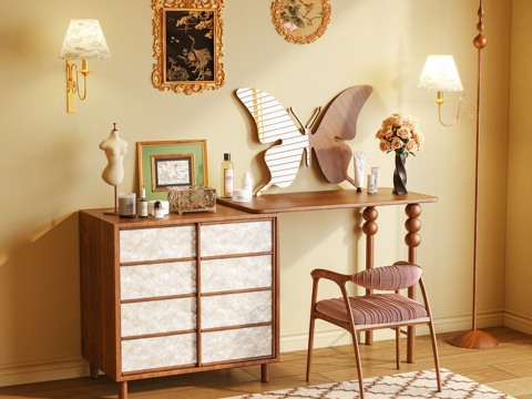  梳妆台 化妆柜 储物柜 化妆品 镜子 装饰画 摆件3d模型 