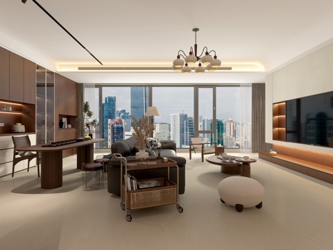  中古风客厅 组合沙发 吊灯 酒柜 茶桌 装饰柜3d模型 