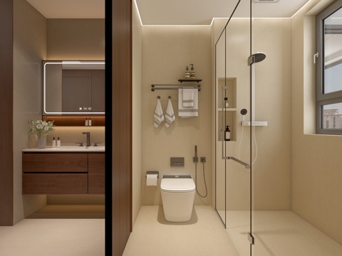  中古风卫生间 干区卫生间 淋浴房 马桶 卫浴小件 干湿分离卫3d模型 