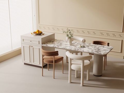  法式奶油风岛台 餐桌椅3d模型 