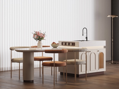 法式奶油风岛台 餐桌椅su模型