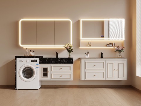  法式奶油风浴室柜 洗衣机柜3d模型 