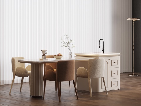 法式奶油风岛台 餐桌椅su模型