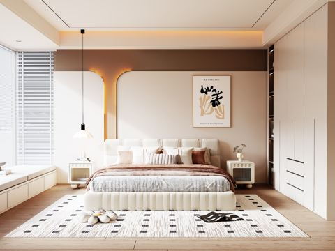  奶油风现代卧室 双人床 衣柜 床头背景墙3d模型 