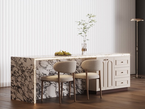 法式奶油风岛台 餐桌椅su模型