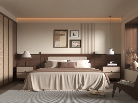  中古风卧室 床品组合3d模型 