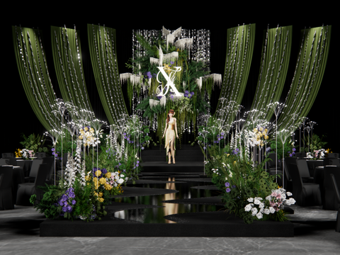 墨绿色布幔婚礼花艺美陈su模型